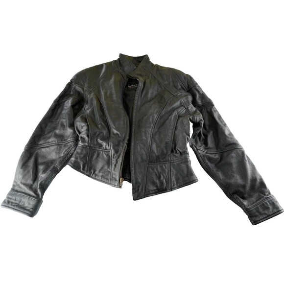 VTG WILSONS 3M THINSULATE Lined Women Small Glossy Black Leather Zip Moto Jacket - Picture 1 of 8